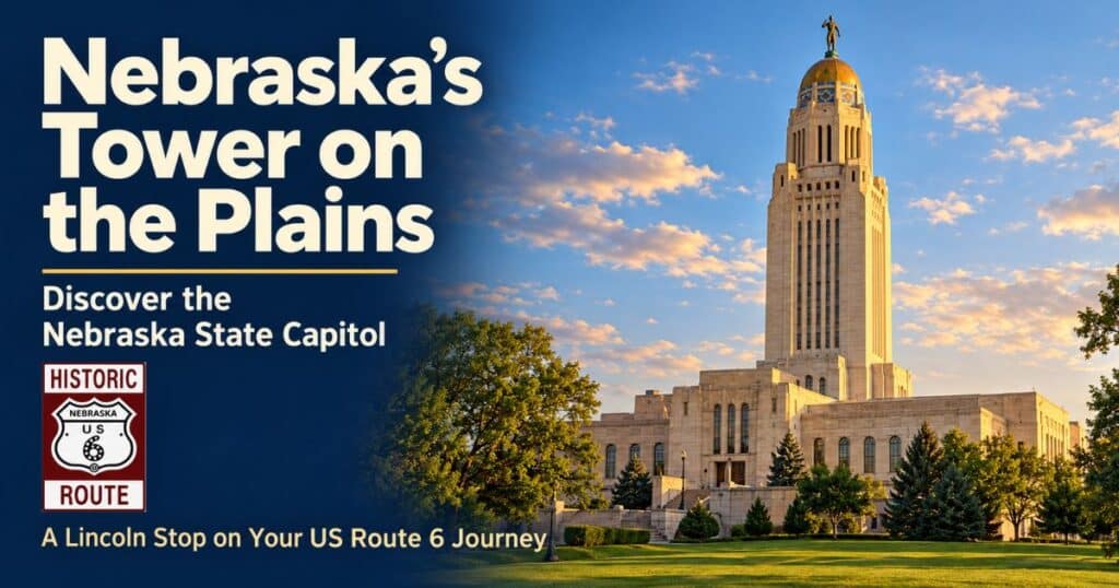 Nebraska State Capitol tower and The Sower in warm afternoon light beside the headline “Nebraska’s Tower on the Plains.”