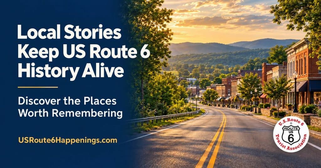 Illustrated highway approaching a small town beside the headline “Local Stories Keep US Route 6 History Alive”