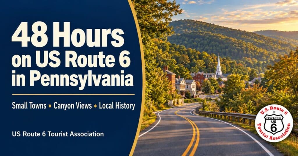 Illustrated Pennsylvania highway winding through wooded hills beside a navy panel reading “48 Hours on US Route 6 in Pennsylvania”