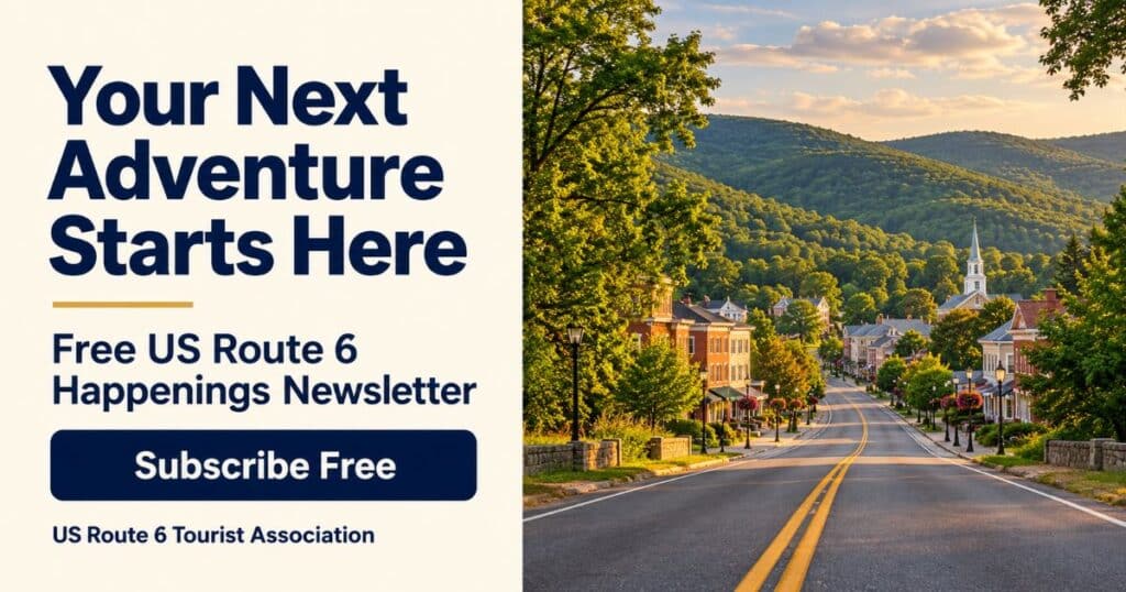Highway leading toward a leafy small town beside a navy panel reading “Your Next Adventure Starts Here” and promoting the free US Route 6 Happenings newsletter.