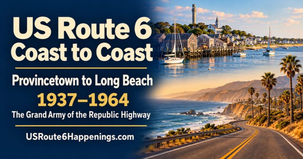 Cape Cod harbor and Southern California waterfront illustrations beside text describing the coast-to-coast US Route 6 corridor from 1937 to 1964.