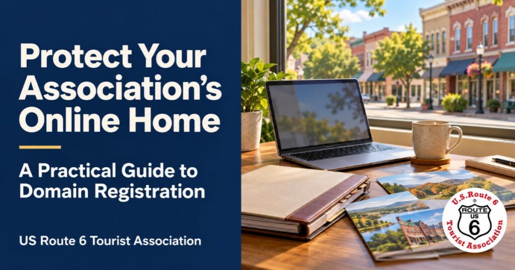 Laptop and planning folder beside a window overlooking a small-town main street, with the headline “Protect Your Association’s Online Home.”