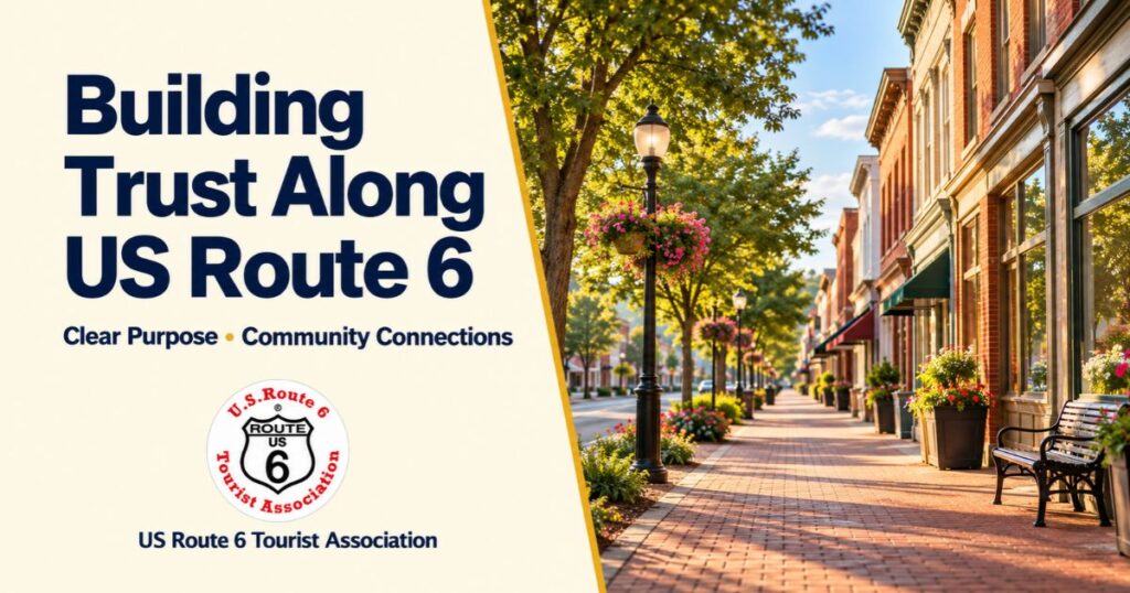 Small-town brick storefronts and leafy trees beside text reading “Building Trust Along US Route 6” and “Clear Purpose • Community Connections”