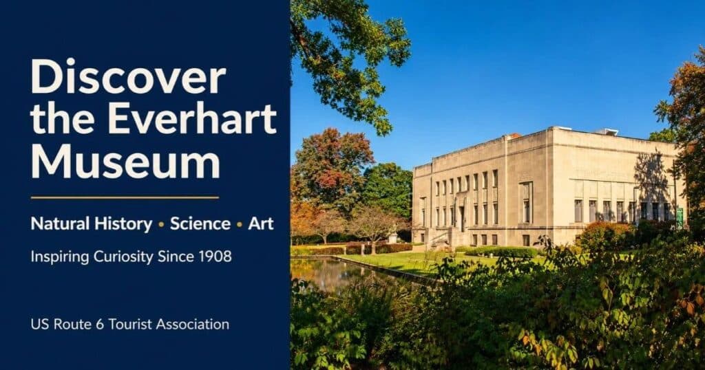 Everhart Museum exterior in warm afternoon light beside text highlighting natural history, science, and art since 1908