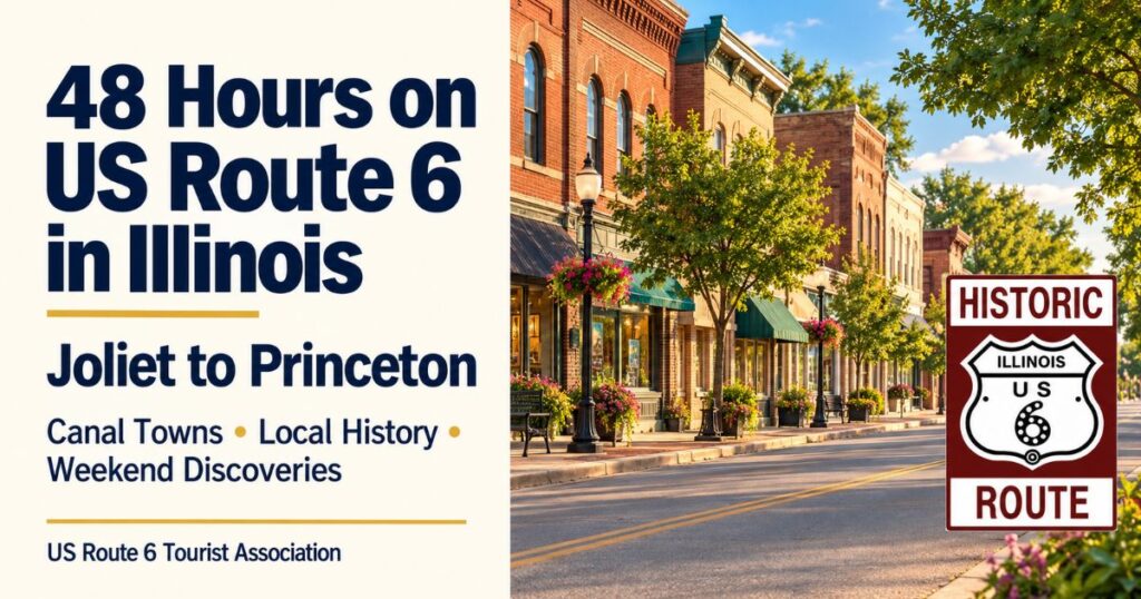 Illinois small-town street with brick storefronts beside text promoting a 48-hour US Route 6 trip from Joliet to Princeton
