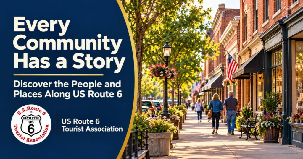 Small-town main street beside the words “Every Community Has a Story.”